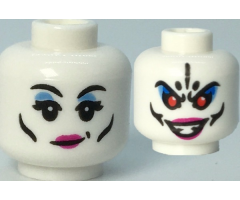Minifigure, Head Dual Sided Female, Black Eyebrows and Cheek Lines, Magenta Lips, Medium Blue Eye Shadow / Evil Open Mouth Grin and Red Eyes Pattern