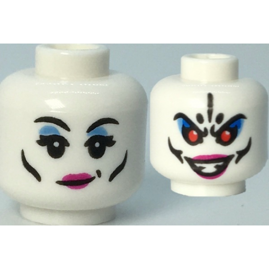 Minifigure, Head Dual Sided Female, Black Eyebrows and Cheek Lines, Magenta Lips, Medium Blue Eye Shadow / Evil Open Mouth Grin and Red Eyes Pattern