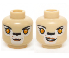Minifigure, Head Dual Sided Alien Chima Lion Female Bright Light Orange Eyes, Black Nose, Neutral / Crooked Smile Pattern (Li'Ella)