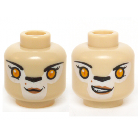 Minifigure, Head Dual Sided Alien Chima Lion Female Bright Light Orange Eyes, Black Nose, Neutral / Crooked Smile Pattern (Li'Ella)