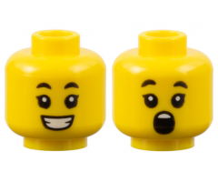 Minifigure, Head Dual Sided Child Black Eyebrows, Single Eyelashes, Open Mouth Smile with Teeth / Surprised Pattern