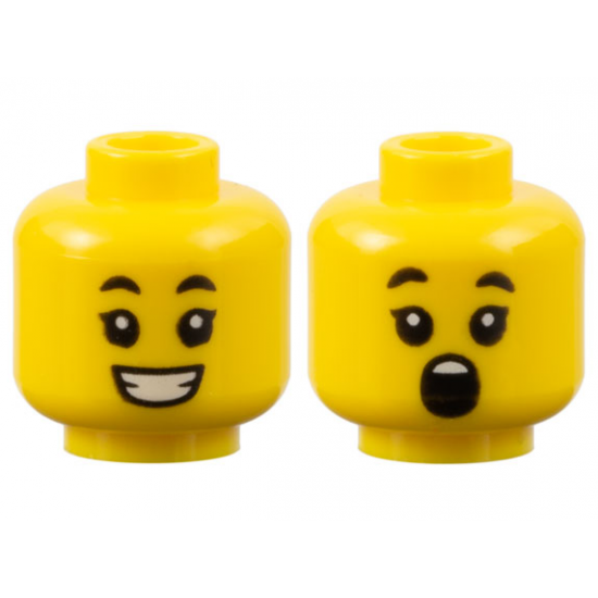 Minifigure, Head Dual Sided Child Black Eyebrows, Single Eyelashes, Open Mouth Smile with Teeth / Surprised Pattern