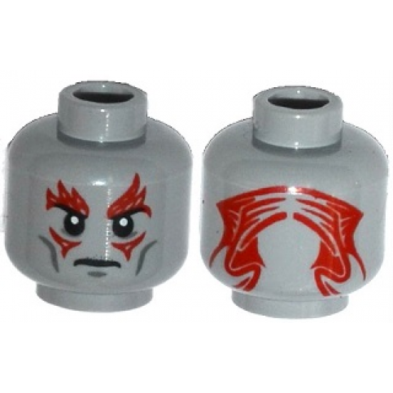 Minifigure, Head Alien Black Eyebrows, Dark Bluish Gray Cheek Lines, Red Skin Texture / Tattoos on Front and Back Pattern