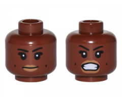 Minifigure, Head Dual Sided Female, Black Eyebrows, Dark Tan Lips, Dimples, Neutral / Bared Teeth Pattern (Patty Tolan)