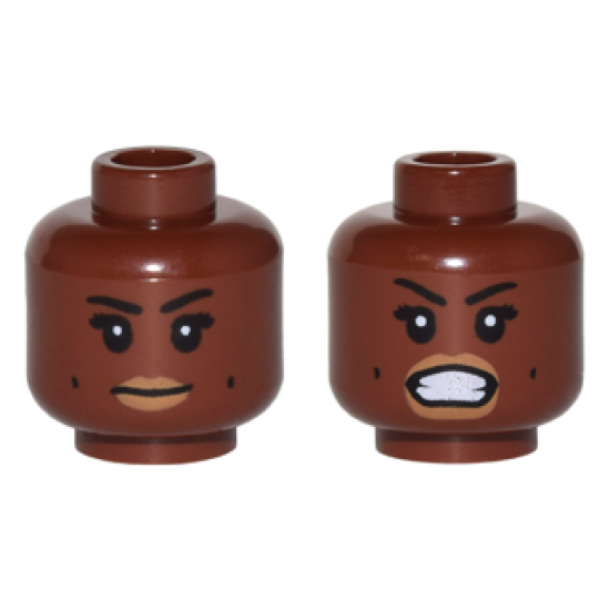 Minifigure, Head Dual Sided Female, Black Eyebrows, Dark Tan Lips, Dimples, Neutral / Bared Teeth Pattern (Patty Tolan)