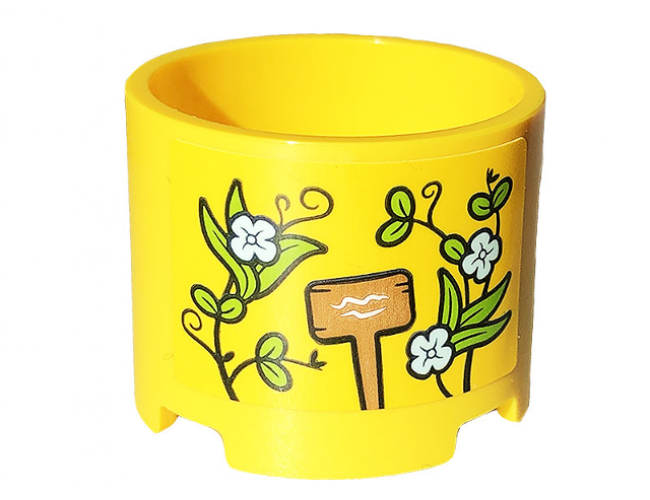 Brick, Round 3 x 3 x 2 with Recessed Center and Axle Hole with Wooden Sign and Plants with Flowers Pattern (Sticker) - Set 41707