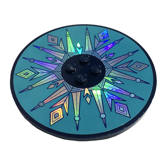 Tile, Round 8 x 8 with 4 Studs in Center with Metallic Light Blue Snowflake and Ice Crystals Pattern (Sticker) - Set 43197