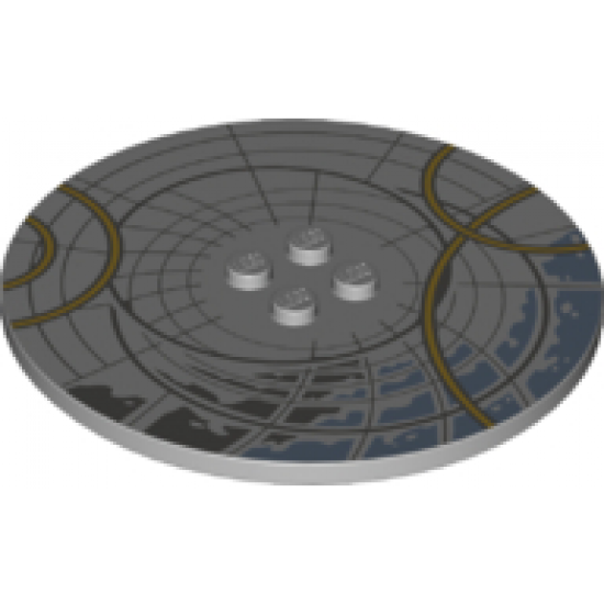 Tile, Round 8 x 8 with 4 Studs in Center with Dark Bluish Gray and Gold Circles Pattern