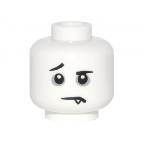 Minifigure, Head Black Eyebrows, Raised Right Eyebrow, Dark Bluish Gray Eye Circles, Downturned Mouth with Fang Pattern