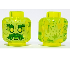 Minifigure, Head Alien Ghost with Yellowish Green Face, Dark Green Bushy Eyebrows and Moustache, Lime Eye Shadow, Green Open Mouth Frown with Slime and Tongue, Flames on Back Pattern