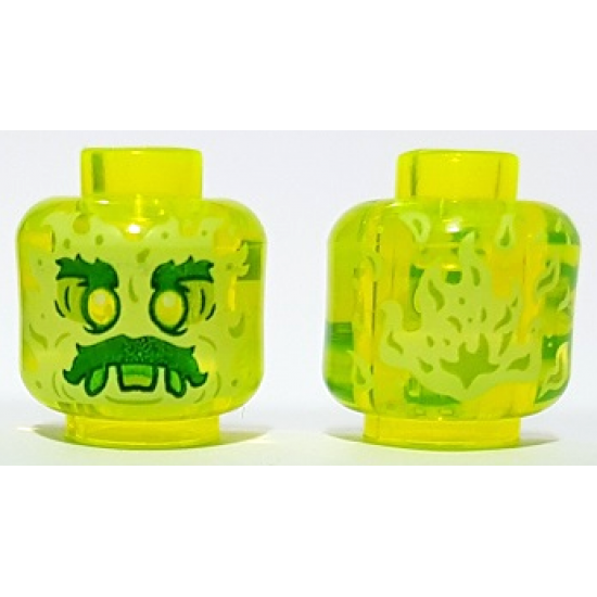 Minifigure, Head Alien Ghost with Yellowish Green Face, Dark Green Bushy Eyebrows and Moustache, Lime Eye Shadow, Green Open Mouth Frown with Slime and Tongue, Flames on Back Pattern