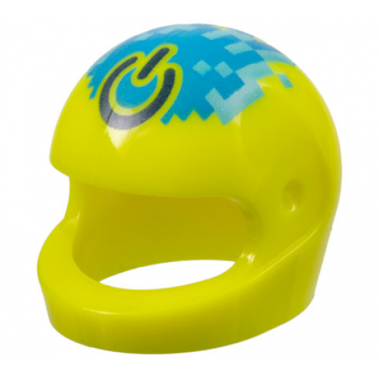 Minifigure, Headgear Helmet Motorcycle (Standard) with Dark Blue Power Symbol on Pixelated Medium Azure and Dark Azure Flame Pattern