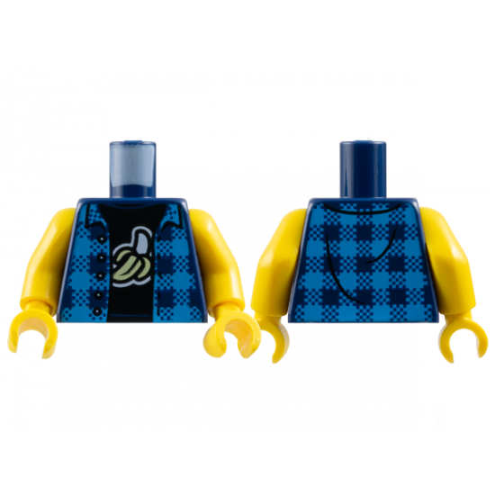Torso Dark Azure Flannel Shirt Open over Black T-Shirt with White and Bright Light Yellow Peeled Banana Pattern / Yellow Arms / Yellow Hands