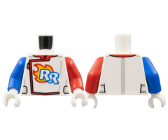 Torso Race Suit, Zipper, 'RR' Logo, Flames Pattern / Red Arm Left / Blue Arm Right / White Hands