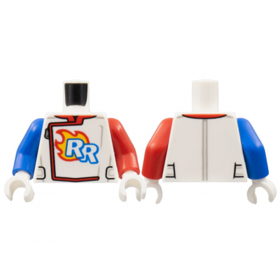 Torso Race Suit, Zipper, 'RR' Logo, Flames Pattern / Red Arm Left / Blue Arm Right / White Hands