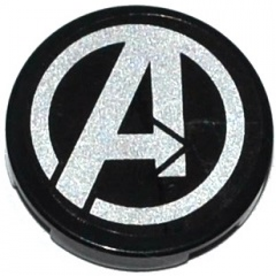 Tile, Round 2 x 2 with Bottom Stud Holder with Silver Avengers Logo Pattern (Sticker) - Set 76032