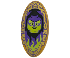 Minifigure, Shield Elliptical with Lime and Dark Purple Minifigure Head on Black Background with Flames and Ornate Border Pattern (Magic Mirror)