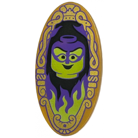 Minifigure, Shield Elliptical with Lime and Dark Purple Minifigure Head on Black Background with Flames and Ornate Border Pattern (Magic Mirror)
