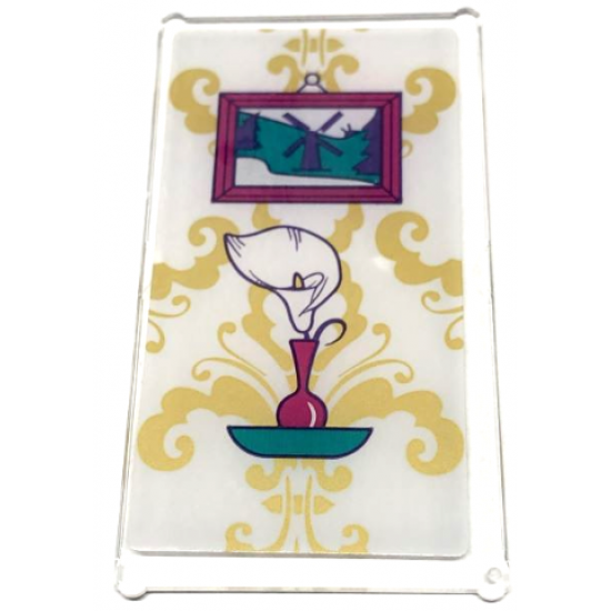 Glass for Window 1 x 4 x 6 with White Calla Lily in Magenta Vase on Dark Turquoise Shelf, Framed Picture of Windmill and Gold Floral Wallpaper on White Background Pattern (Sticker) - Set 41684