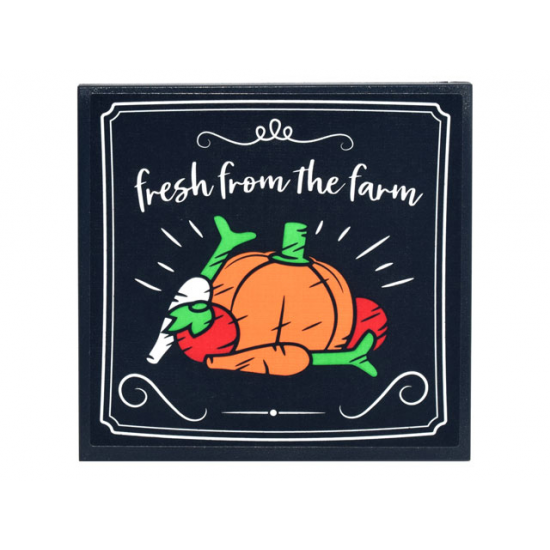 Tile 6 x 6 with Bottom Tubes with Sign, White Borders, Script 'fresh from the farm' and Pumpkin, Carrots, and Tomatoes Pattern (Sticker) - Set 10290