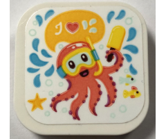 Tile, Modified 4 x 4 with Rounded Corners and 4 Feet with Coral Octopus with Yellow Mask and Popsicle, Medium Azure Water Splashes Pattern (Sticker) - Set 41720
