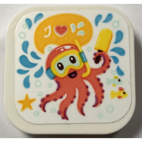 Tile, Modified 4 x 4 with Rounded Corners and 4 Feet with Coral Octopus with Yellow Mask and Popsicle, Medium Azure Water Splashes Pattern (Sticker) - Set 41720