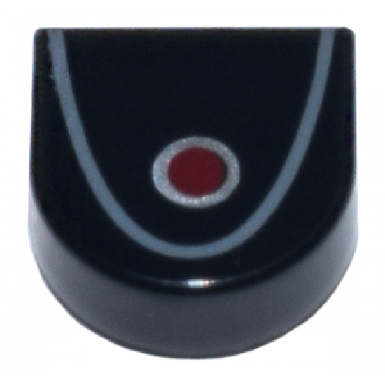 Tile, Round 1 x 1 Half Circle Extended with Red Circle with Silver Outline and Dark Bluish Gray Curved Line Pattern