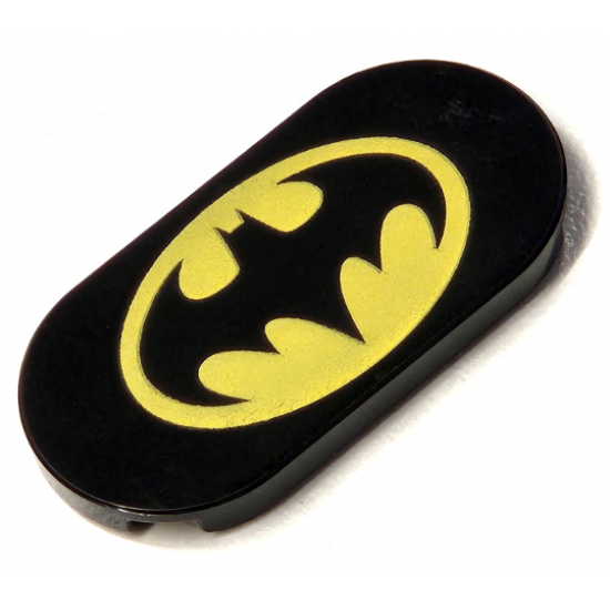Tile, Round 2 x 4 Oval with Bat on Yellow Oval Batman Logo Pattern