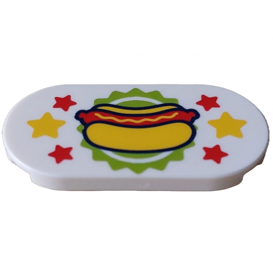 Tile, Round 2 x 4 Oval with Hot Dog on Lime Planet Background with Yellow and Red Stars Pattern