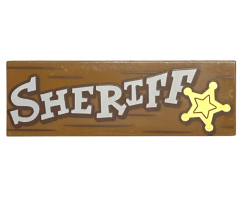 Tile 2 x 6 with White 'SHERIFF', Gold Star and Reddish Brown Wood Grain Lines Pattern