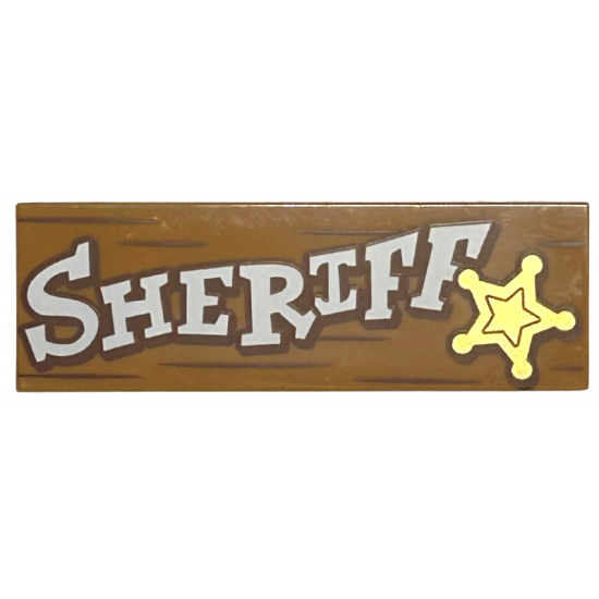 Tile 2 x 6 with White 'SHERIFF', Gold Star and Reddish Brown Wood Grain Lines Pattern