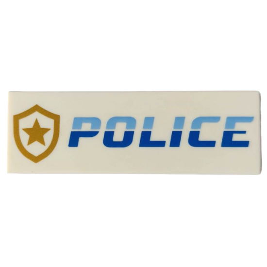 Tile 2 x 6 with Bright Light Blue and Blue 'POLICE' and Gold Star Badge Logo Pattern
