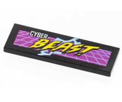Tile 2 x 6 with Silver and Yellow 'CYBER BEAST' on Purple Grid, Bright Light Blue Lightning Pattern