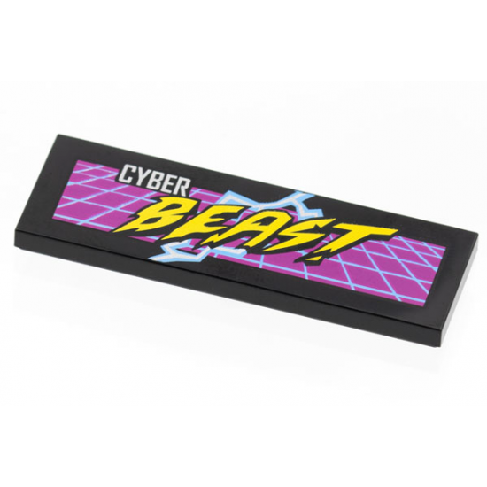 Tile 2 x 6 with Silver and Yellow 'CYBER BEAST' on Purple Grid, Bright Light Blue Lightning Pattern