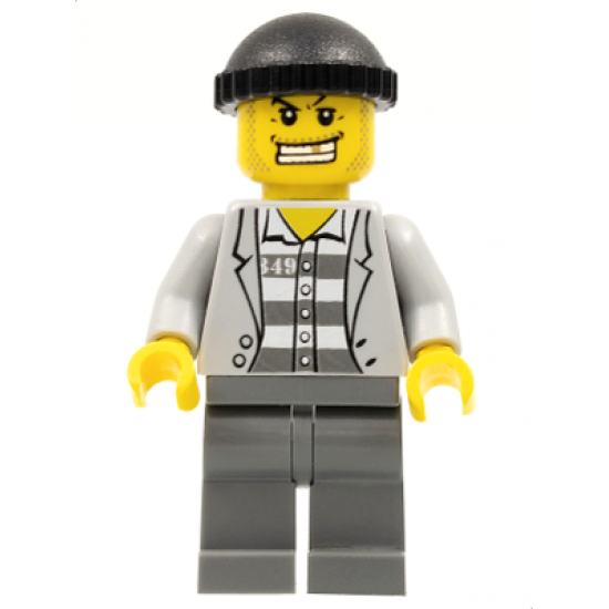 Police - Jail Prisoner Jacket over Prison Stripes, Dark Bluish Gray Legs, Black Knit Cap, Gold Tooth