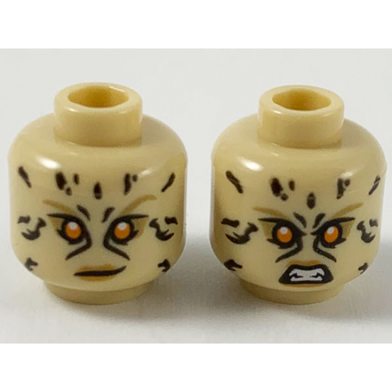 Minifigure, Head Dual Sided Female, Animal Print Black Spots, Orange Eyes, Dark Tan Eyebrows, Medium Nougat Lips, Smirk / Fierce Pattern