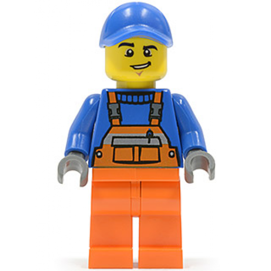 Overalls with Safety Stripe Orange, Orange Legs, Blue Cap with Hole, Lopsided Grin