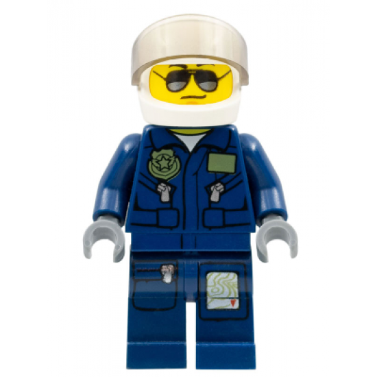 Forest Police - Helicopter Pilot, Dark Blue Flight Suit with Badge, Helmet, Black and Silver Sunglasses, Black Eyebrows