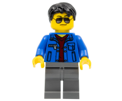 Blue Jacket over Dark Red V-Neck Sweater, Dark Bluish Gray Legs, Black Short Tousled Hair, Silver Sunglasses