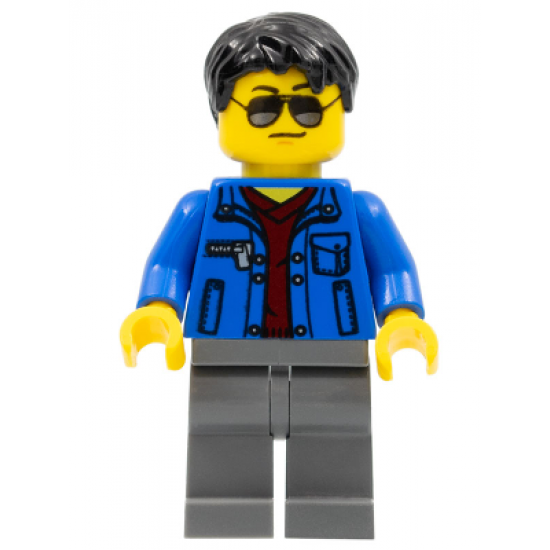 Blue Jacket over Dark Red V-Neck Sweater, Dark Bluish Gray Legs, Black Short Tousled Hair, Silver Sunglasses