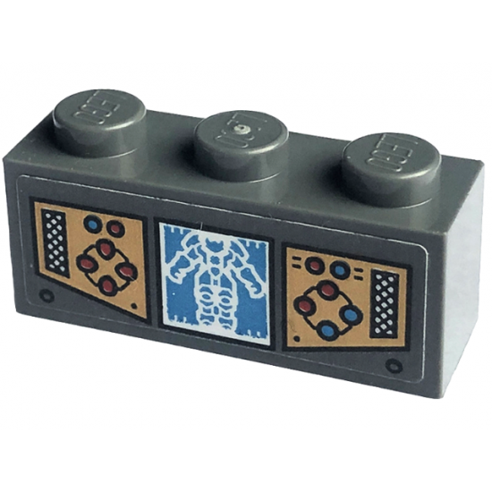 Brick 1 x 3 with Gold Control Panels with Red and Dark Azure Buttons and Display with White Mech Pattern (Sticker) - Set 71775