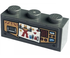 Brick 1 x 3 with Gold Control Panels with Red Buttons, Dark Azure and White Displays, and Paper with Picture of Mech Pattern (Sticker) - Set 71775