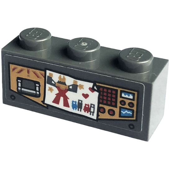 Brick 1 x 3 with Gold Control Panels with Red Buttons, Dark Azure and White Displays, and Paper with Picture of Mech Pattern (Sticker) - Set 71775