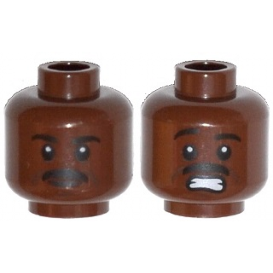 Minifigure, Head Dual Sided Moustache, White Pupils, Determined / Scared with Teeth Pattern