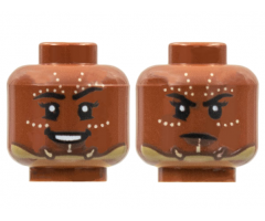 Minifigure, Head Dual Sided Female, Black Eyebrows, Rows of Tan Dots, Chinstrap, Smile / Frown Pattern
