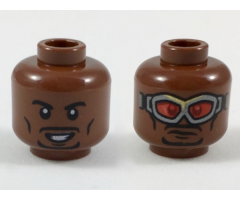 Minifigure, Head Dual Sided Black Eyebrows and Goatee, Smile / Silver Goggles with Red Lenses Pattern