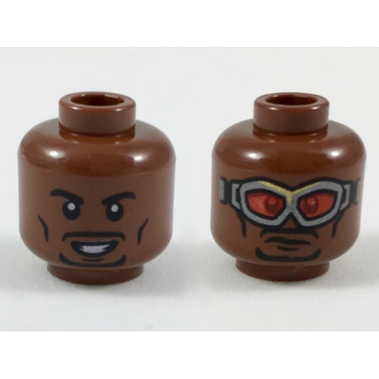 Minifigure, Head Dual Sided Black Eyebrows and Goatee, Smile / Silver Goggles with Red Lenses Pattern