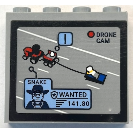 Brick 1 x 4 x 3 with Monitor Screen with 'DRONE CAM', 'SNAKE', 'WANTED', '141.80' and Red Tractor Pulling Minifigure Pattern (Sticker) - Set 60315