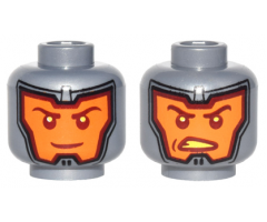 Minifigure, Head Dual Sided Balaclava, Orange Face, Dark Red Eyebrows, Sly Grin / Angry Open Mouth Scowl with Bright Light Yellow Teeth Pattern