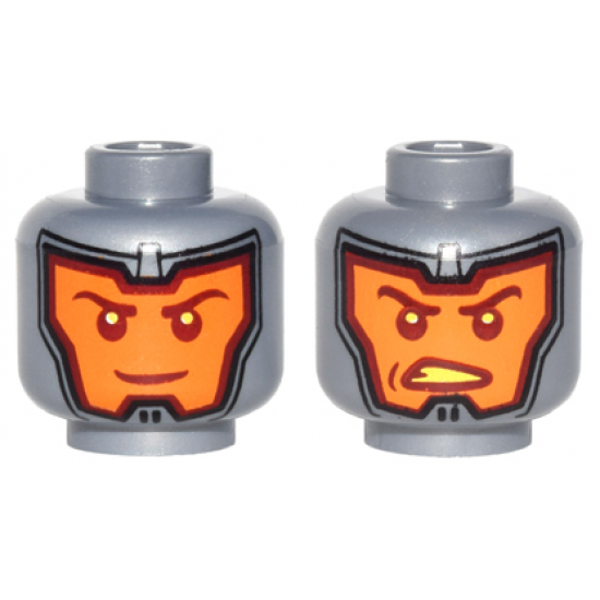Minifigure, Head Dual Sided Balaclava, Orange Face, Dark Red Eyebrows, Sly Grin / Angry Open Mouth Scowl with Bright Light Yellow Teeth Pattern